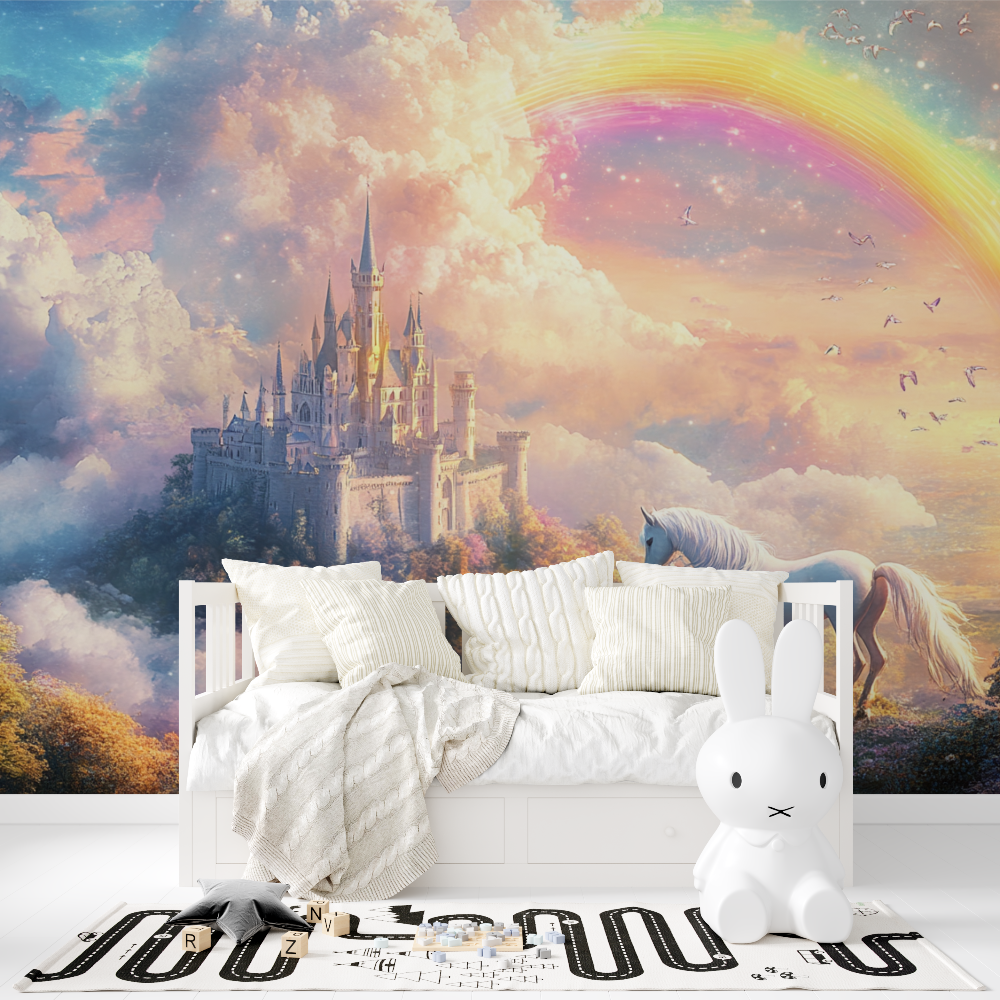 Princess Mural Wallpaper | Magical Castle with Rainbow and Unicorn