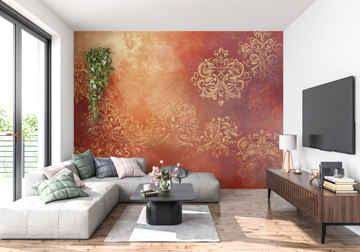 Baroque Mural Wallpaper | Terracotta and Gold Damask Pattern
