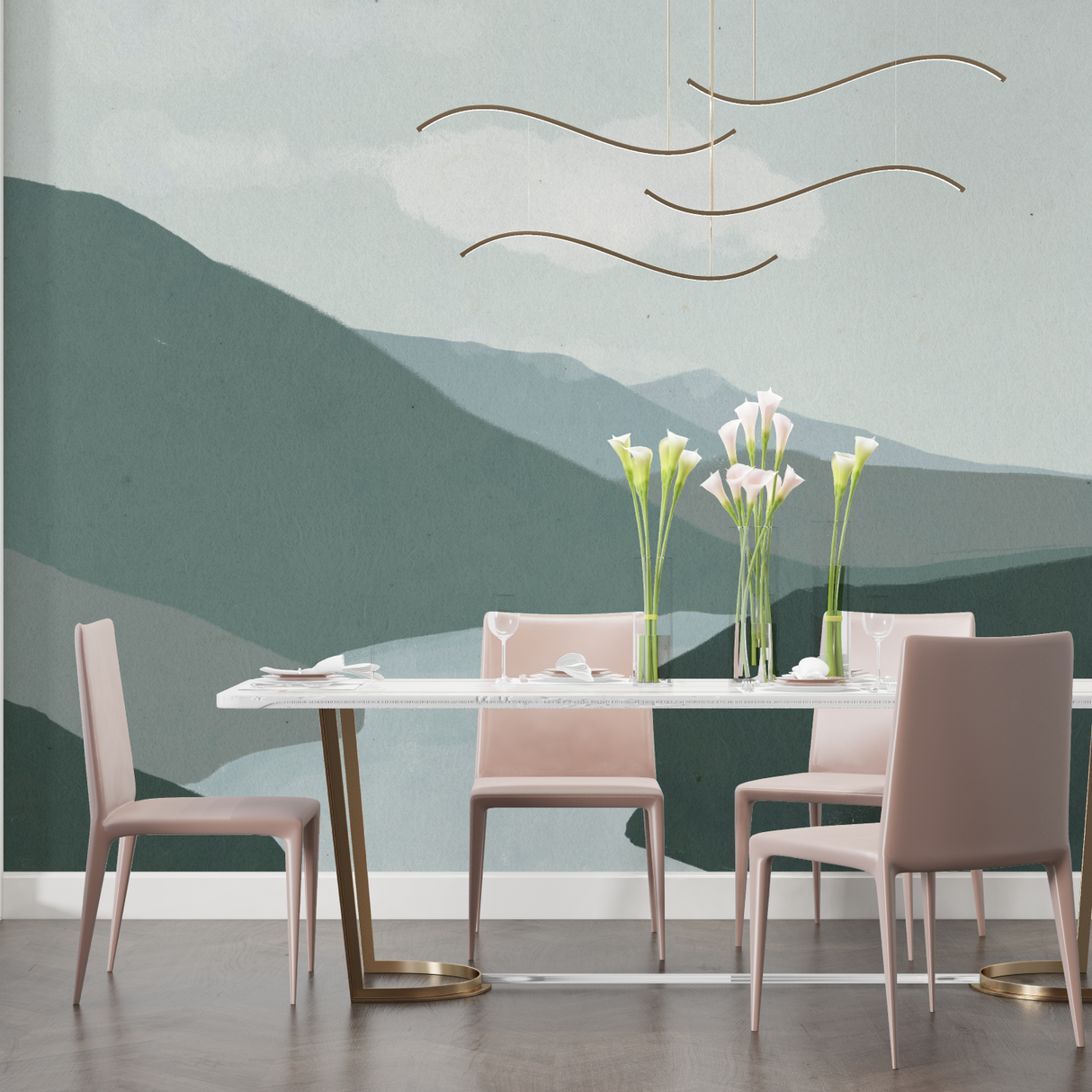Mountain Mural Wallpaper | Serene Nordic Landscape in Green