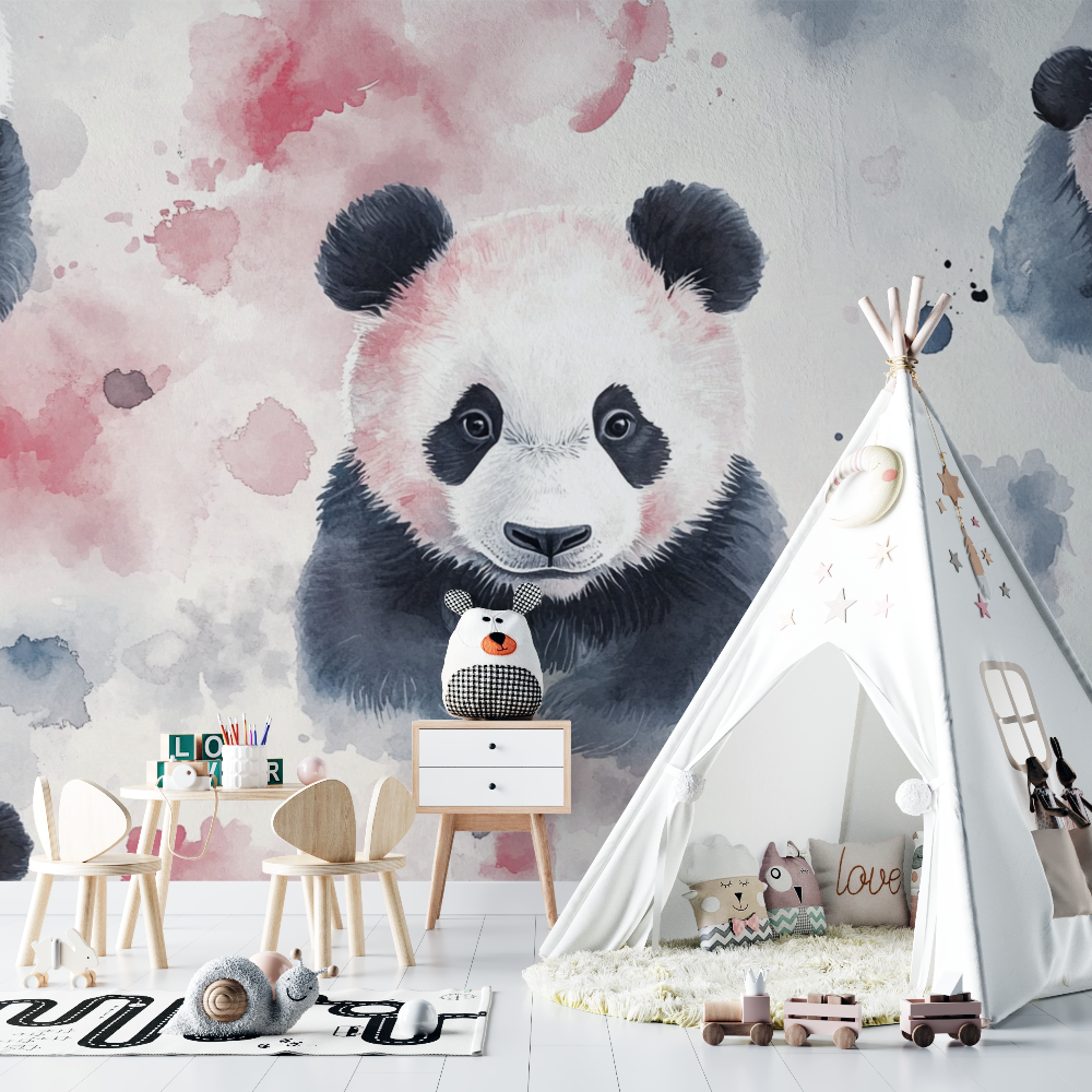 Panda Mural Wallpaper | Watercolor Pink and Grey Design