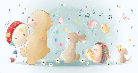 Musikalische Tiere Tapete | Verspielte Kinderzimmer-Band mit Bär und Hase