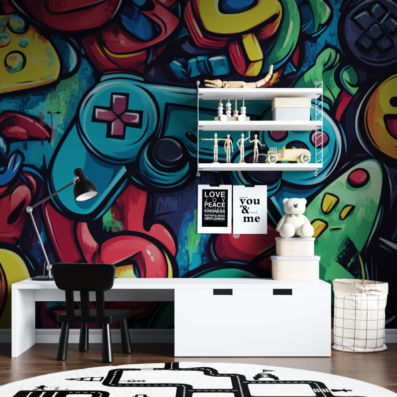Gaming Mural Wallpaper | Colorful Retro Controller Graffiti