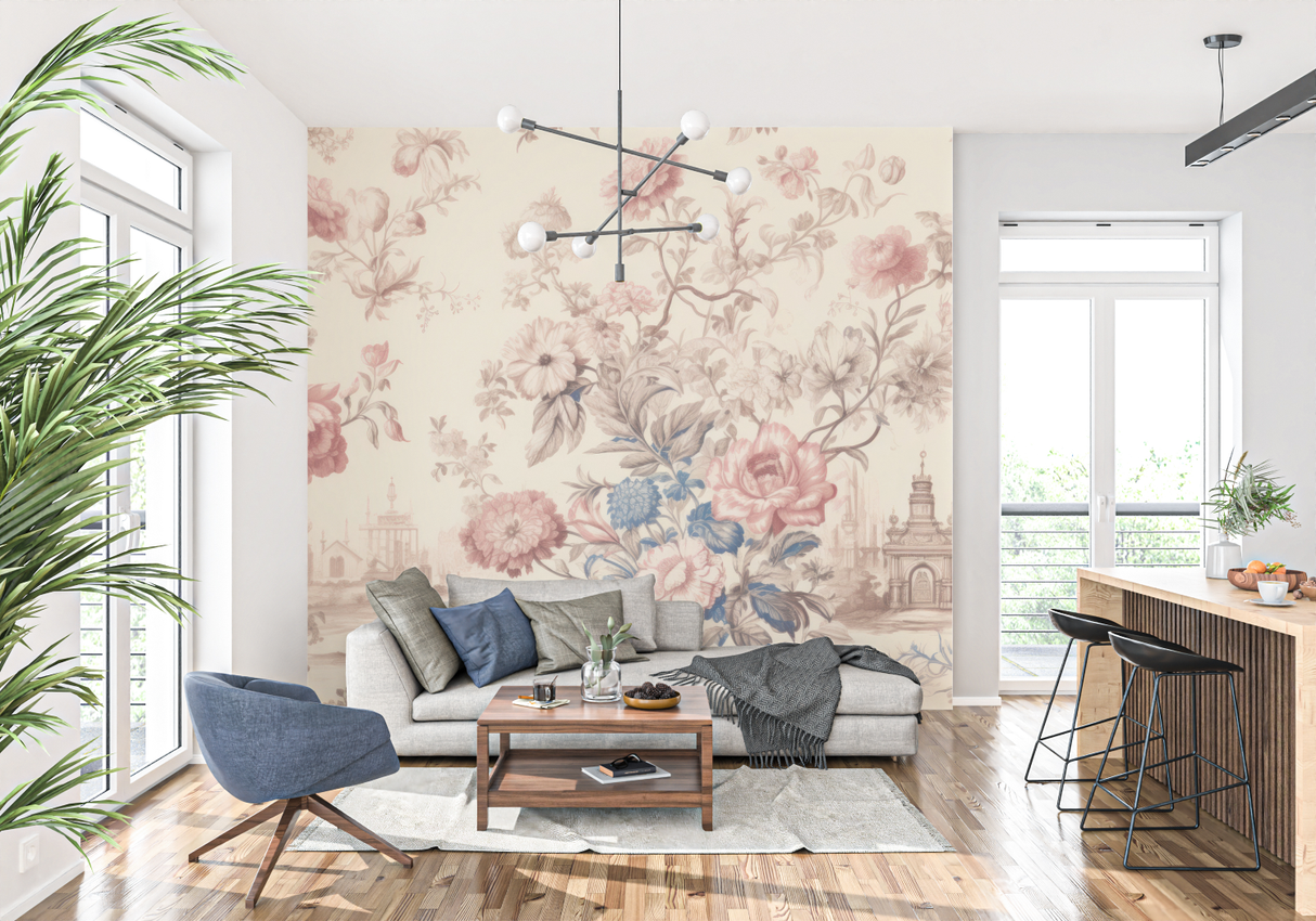 Vintage Floral Mural Wallpaper | French Toile de Jouy Blue and Pink