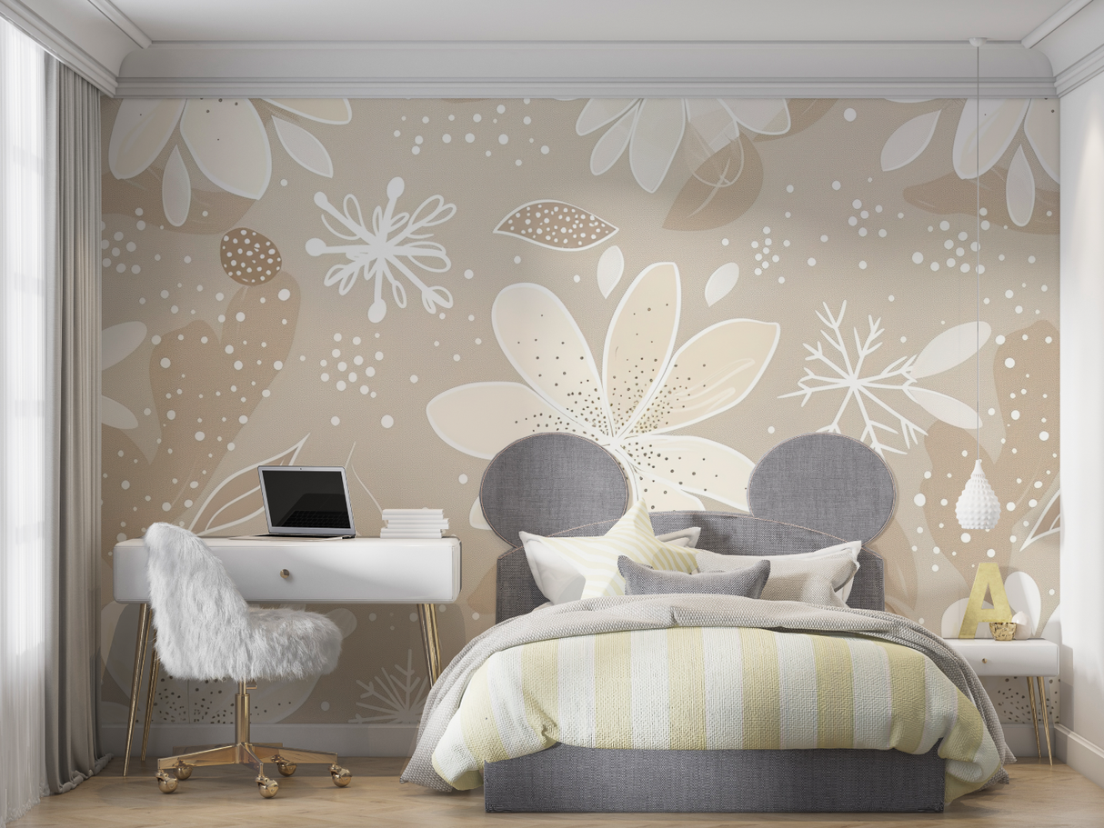 Floral Mural Wallpaper | Elegant Beige Snowflake Design
