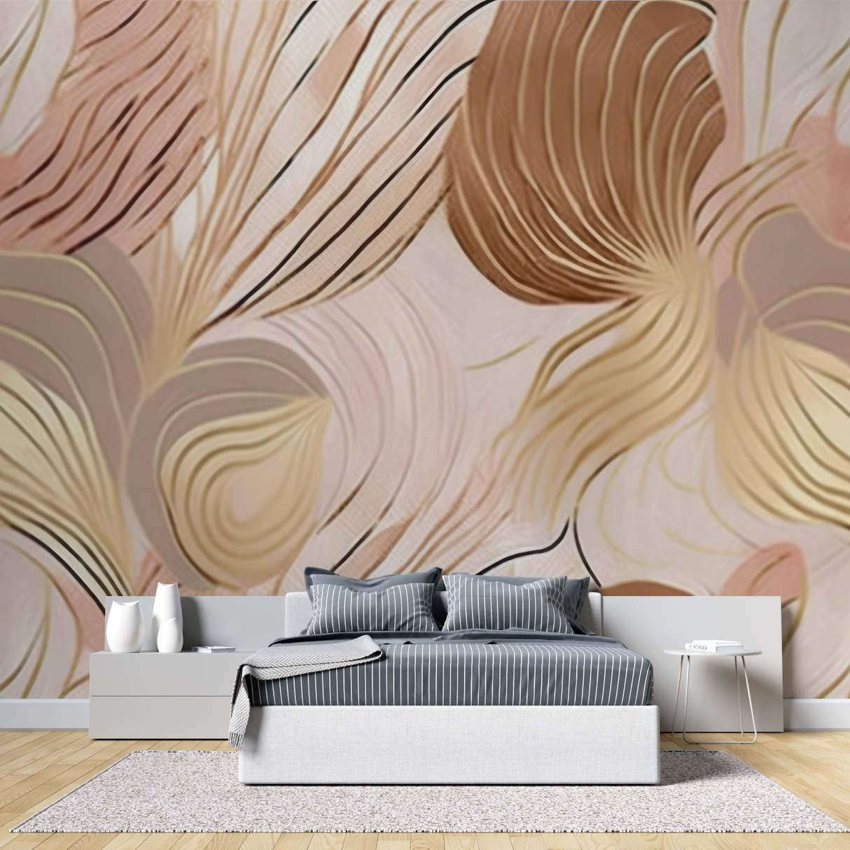 Abstract Mural Wallpaper | Golden Waves on Blush Pink