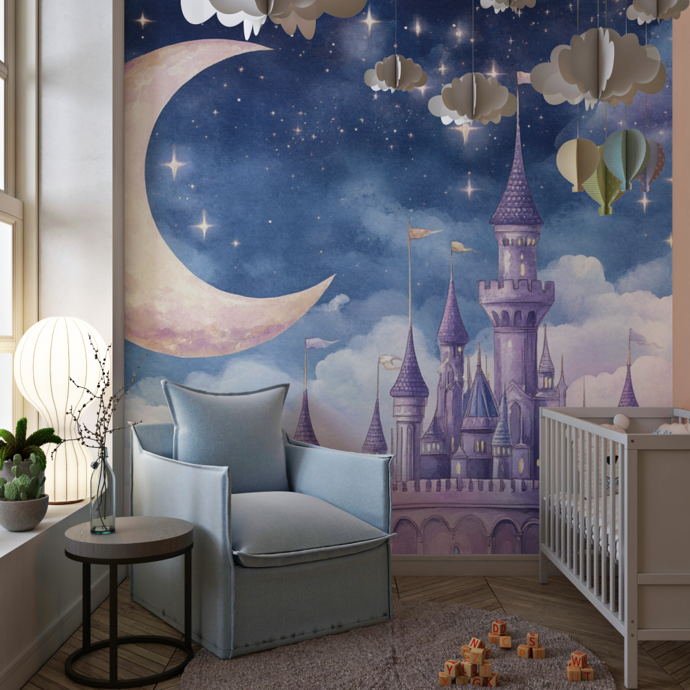 Castle Mural Wallpaper | Enchanted Night with Moon and Stars