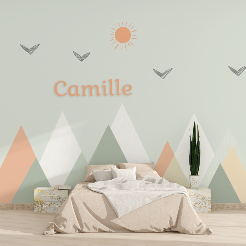 Mountain Mural Wallpaper | Geometric Pastel Design with Birds