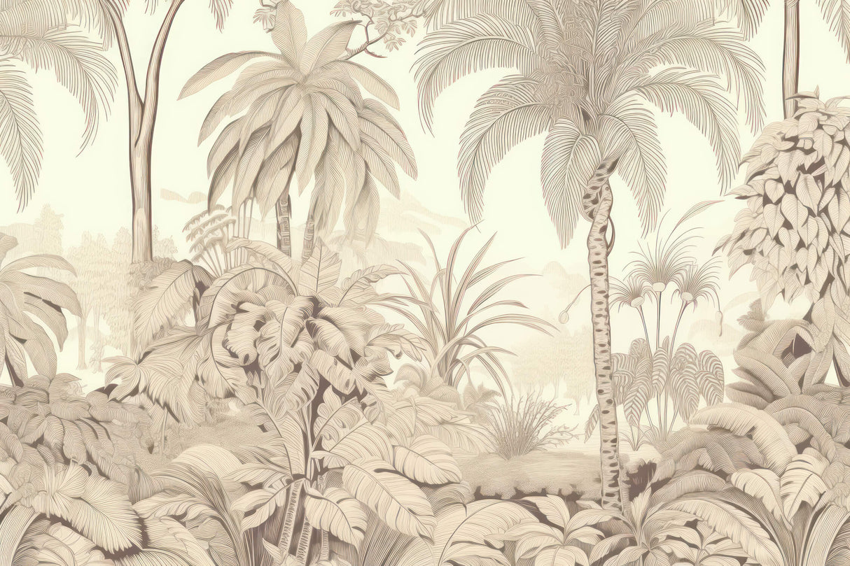 Tropical Mural Wallpaper | Beige Palm Trees and Nature Scene