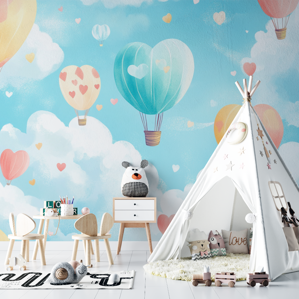 Hot Air Balloon Mural Wallpaper | Dreamy Hearts and Sky Design