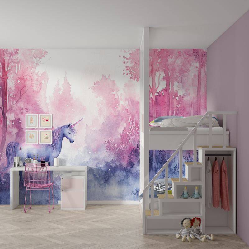 Unicorn Mural Wallpaper | Enchanted Forest in Pink and Purple
