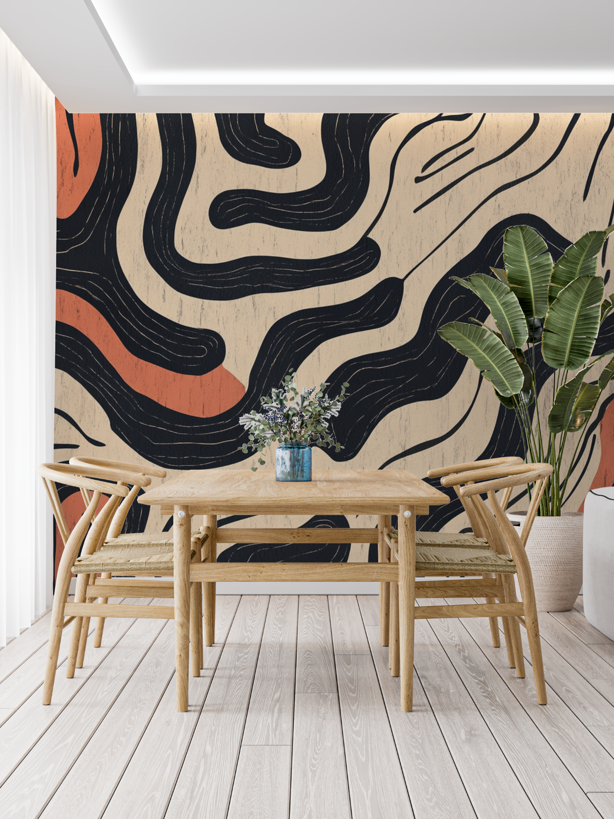 Abstract Mural Wallpaper | Modern Curves With Terracotta Accents