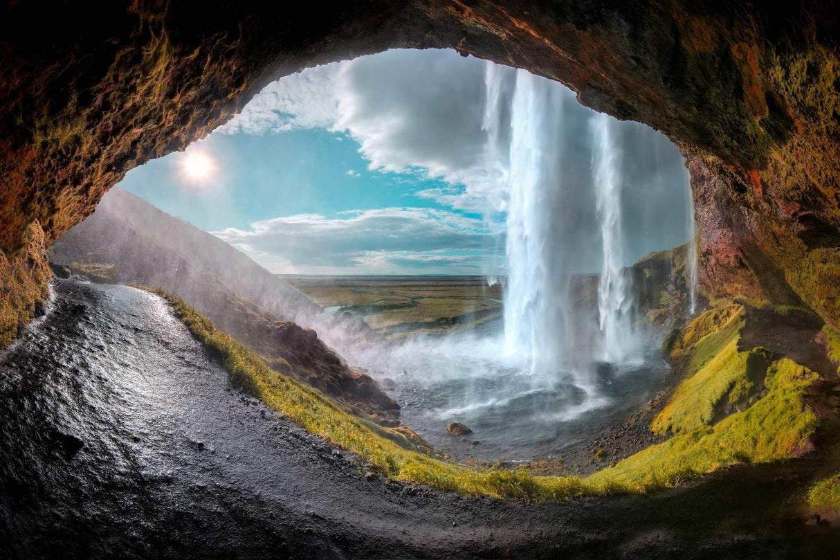 Waterfall Mural Wallpaper | Hidden Cave Vista with Mountain Stream