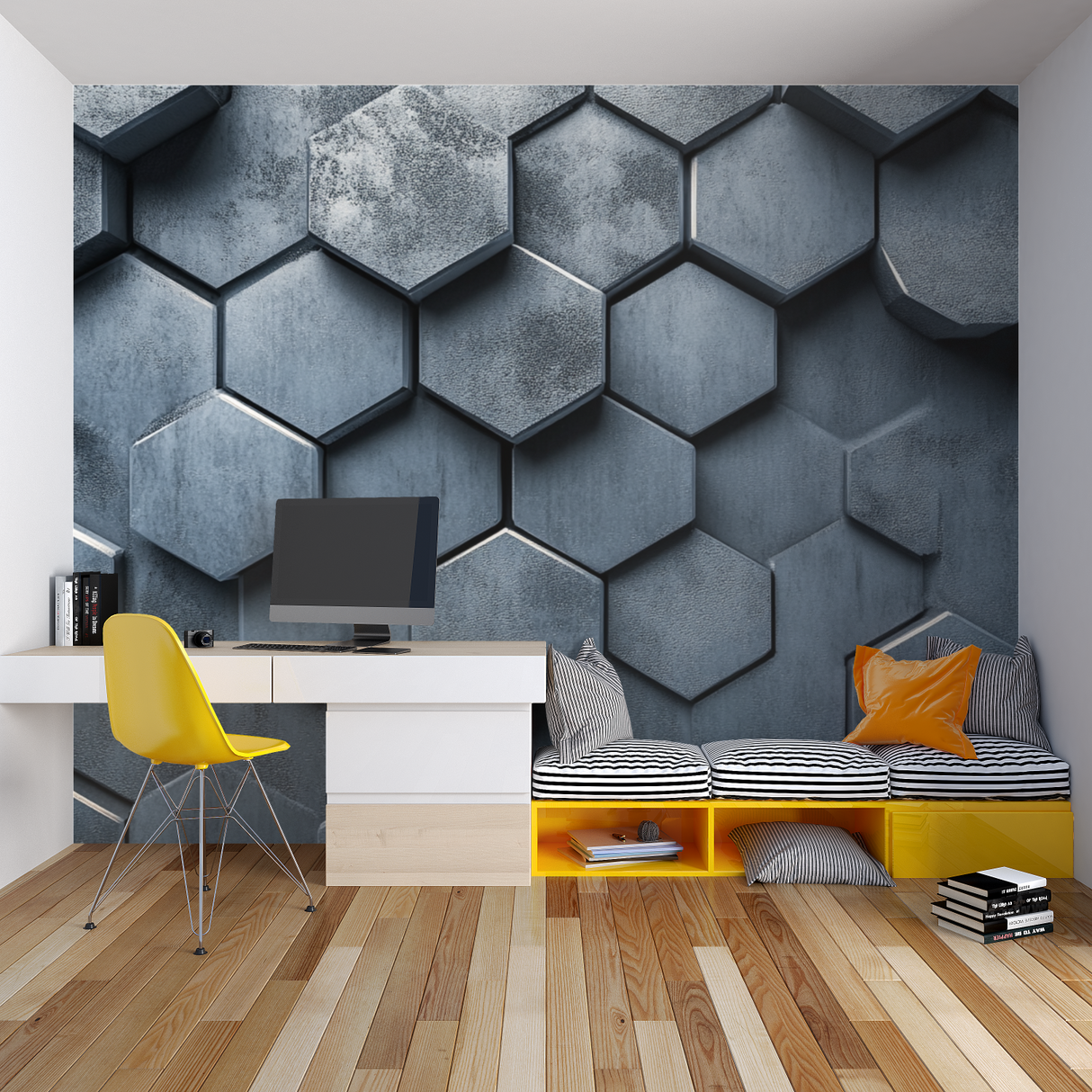 3D Geometric Mural Wallpaper | Metallic Honeycomb Pattern