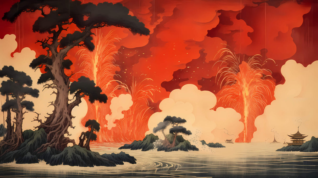 Volcano Mural Wallpaper | Japanese Red Landscape Art