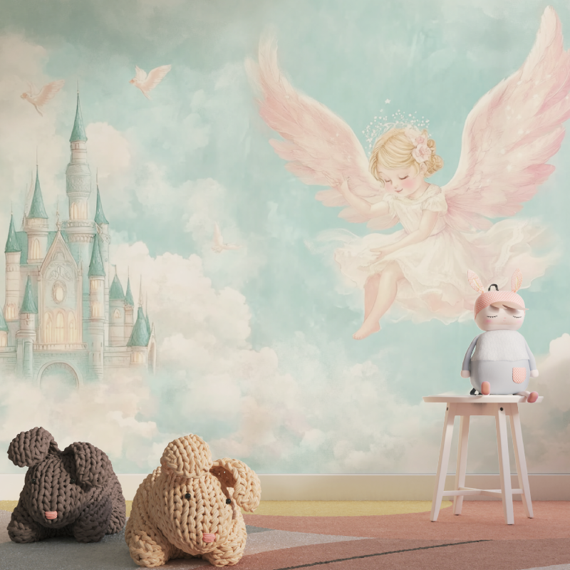 Fairy Castle Mural Wallpaper | Dreamy Angel and Pink Wings