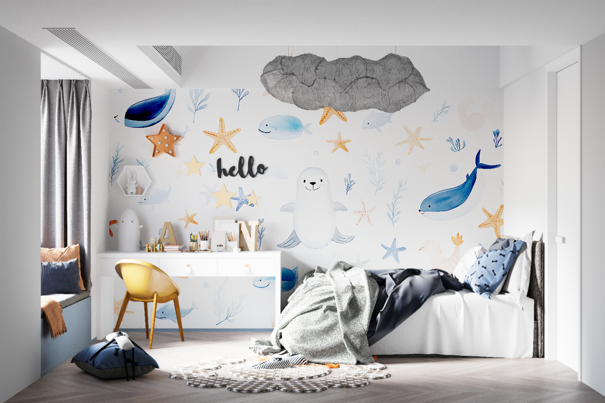 Marine Animals Mural Wallpaper | Whales and Starfish Kids Design