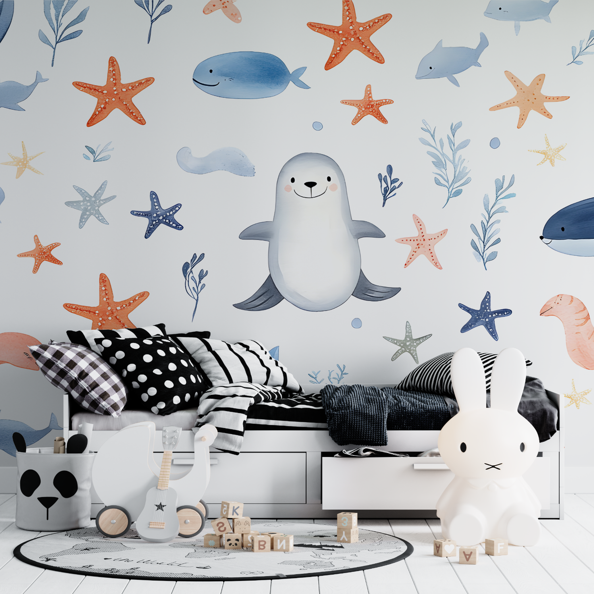 Marine Animals Mural Wallpaper | Whales and Starfish Kids Design