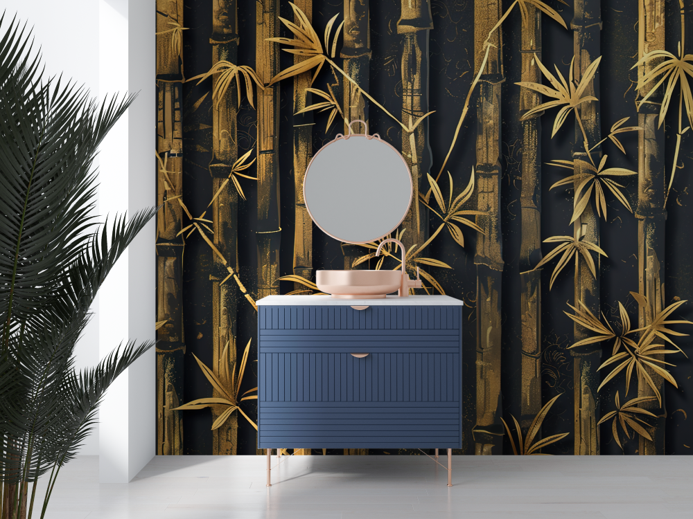 Bamboo Mural Wallpaper | Black and Gold Oriental Design