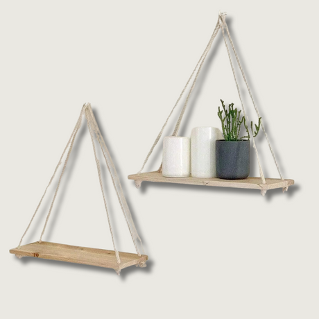 Hanging Wall Shelf  Natural Wood with Hemp Rope - Product showcase