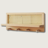 Wooden Wall Shelf  Natural Rattan Panel With Storage Hooks - Product showcase