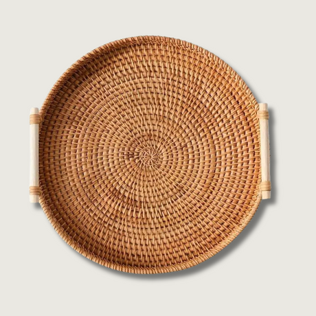 Handwoven Rattan Serving Tray  Natural Wood Handles - Product showcase