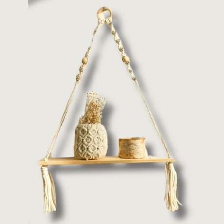 Macramé Wall Shelf  Natural Wood Boho Hanging Display - Product showcase