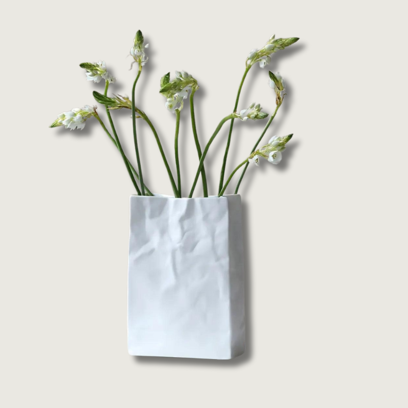 Contemporary Paper Bag Vase  White Ceramic Design - Product showcase