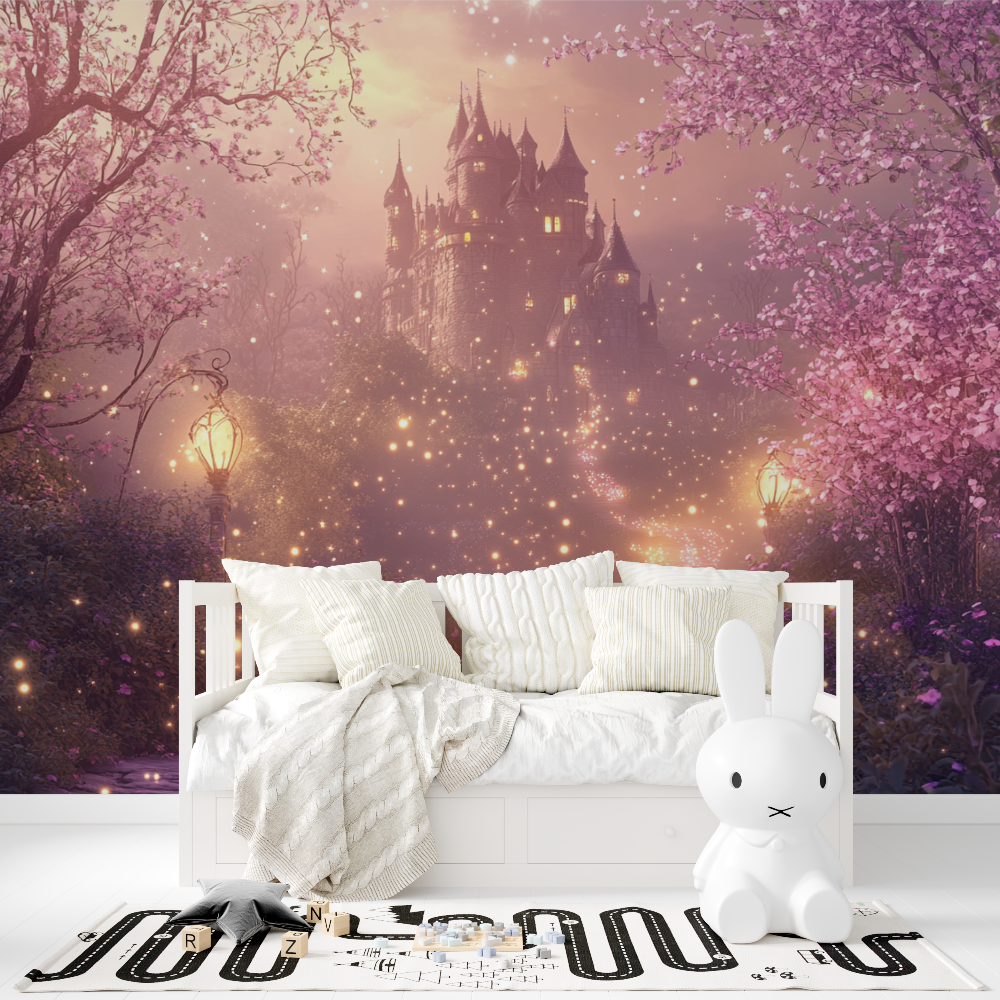 Castle Mural Wallpaper | Enchanted Pink Night Garden