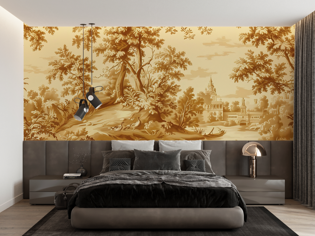 Vintage Mural Wallpaper | Classic Toile de Jouy Landscape in Gold