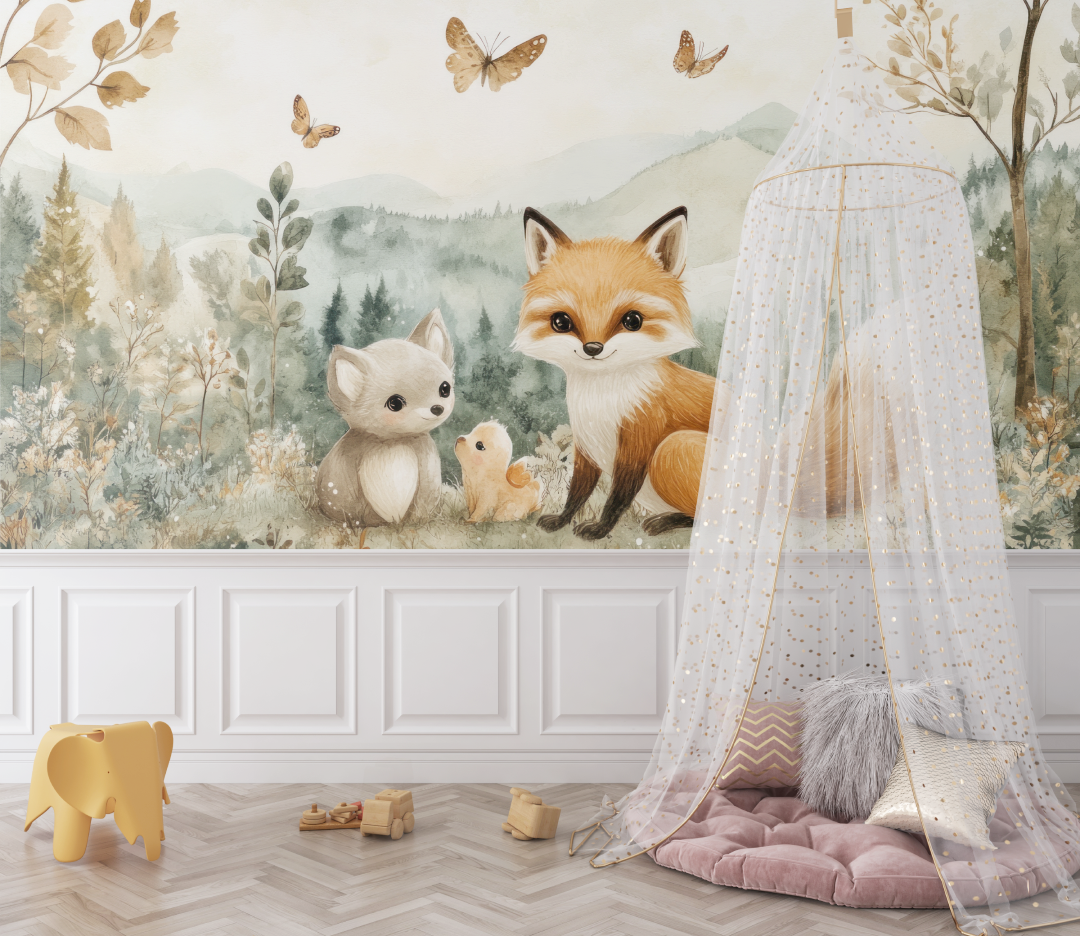 Forest Animals Mural Wallpaper | Enchanted Fox and Butterfly Scene