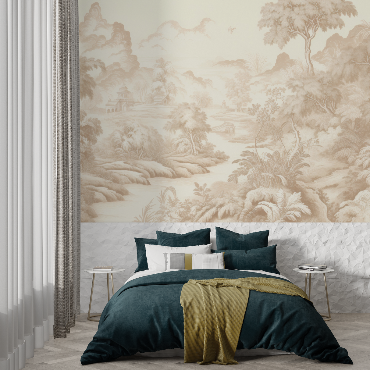 Vintage Mural Wallpaper | Beige Toile de Jouy Landscape