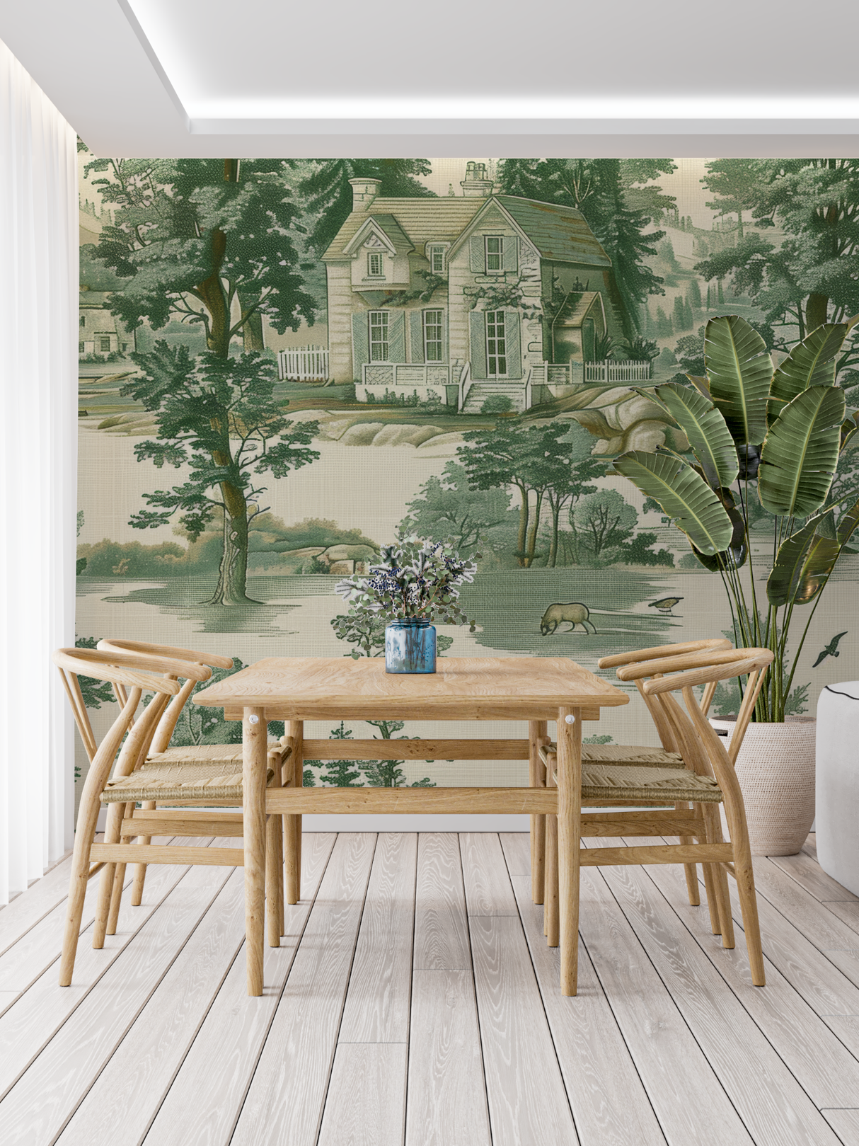 Vintage Mural Wallpaper | Pastoral Toile de Jouy in Green