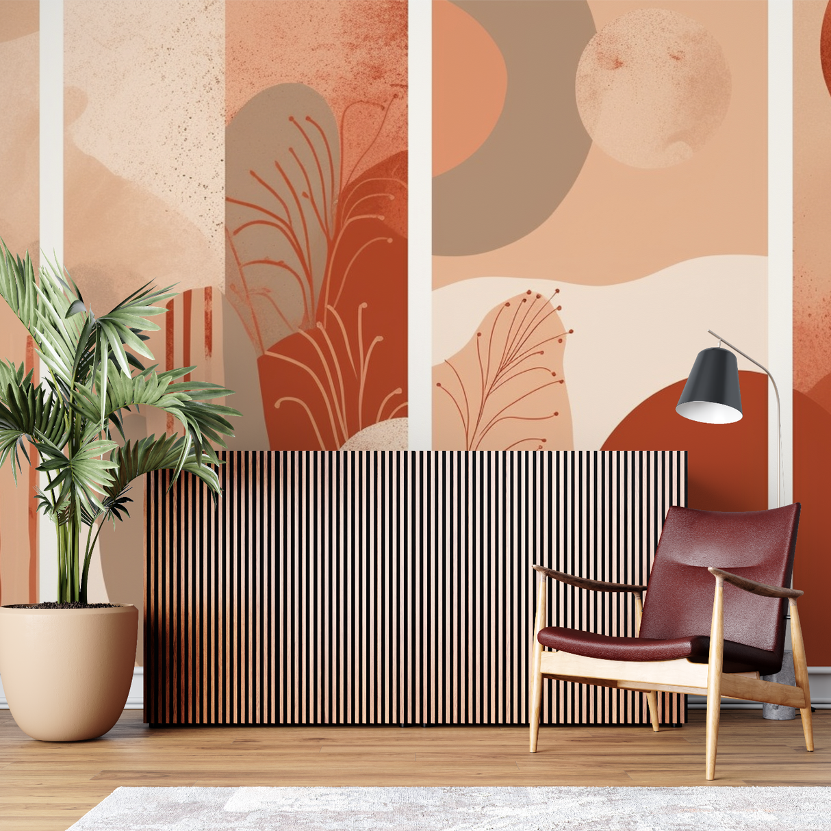 Abstract Mural Wallpaper | Terracotta Curves and Floral Design