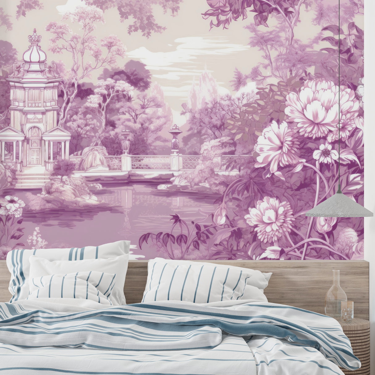 Garden Mural Wallpaper | Purple Floral Paradise with Pagoda