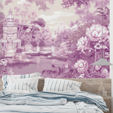 Garden Mural Wallpaper | Purple Floral Paradise with Pagoda