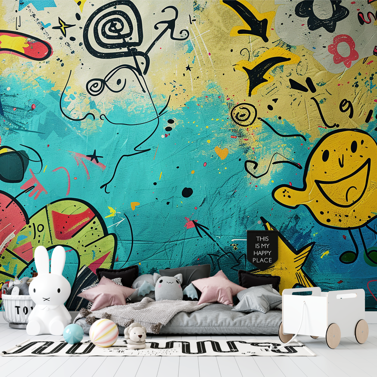 Graffiti Mural Wallpaper | Urban Street Art with Yellow and Blue