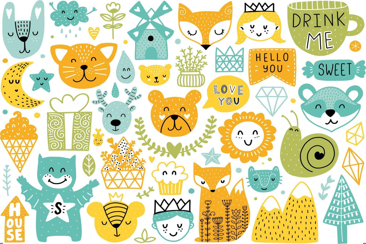Kids Animal Mural Wallpaper | Playful Forest Friends Pattern