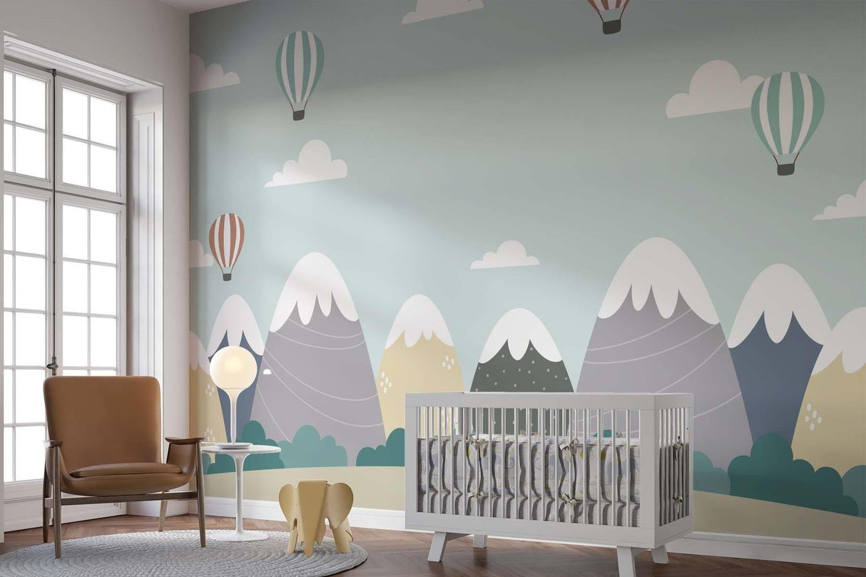 Mountain Mural Wallpaper | Hot Air Balloons and Snowy Peaks