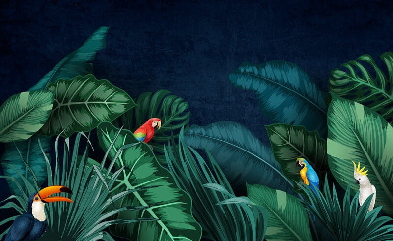 Tropical Birds Mural Wallpaper | Exotic Parrots in Jungle Night
