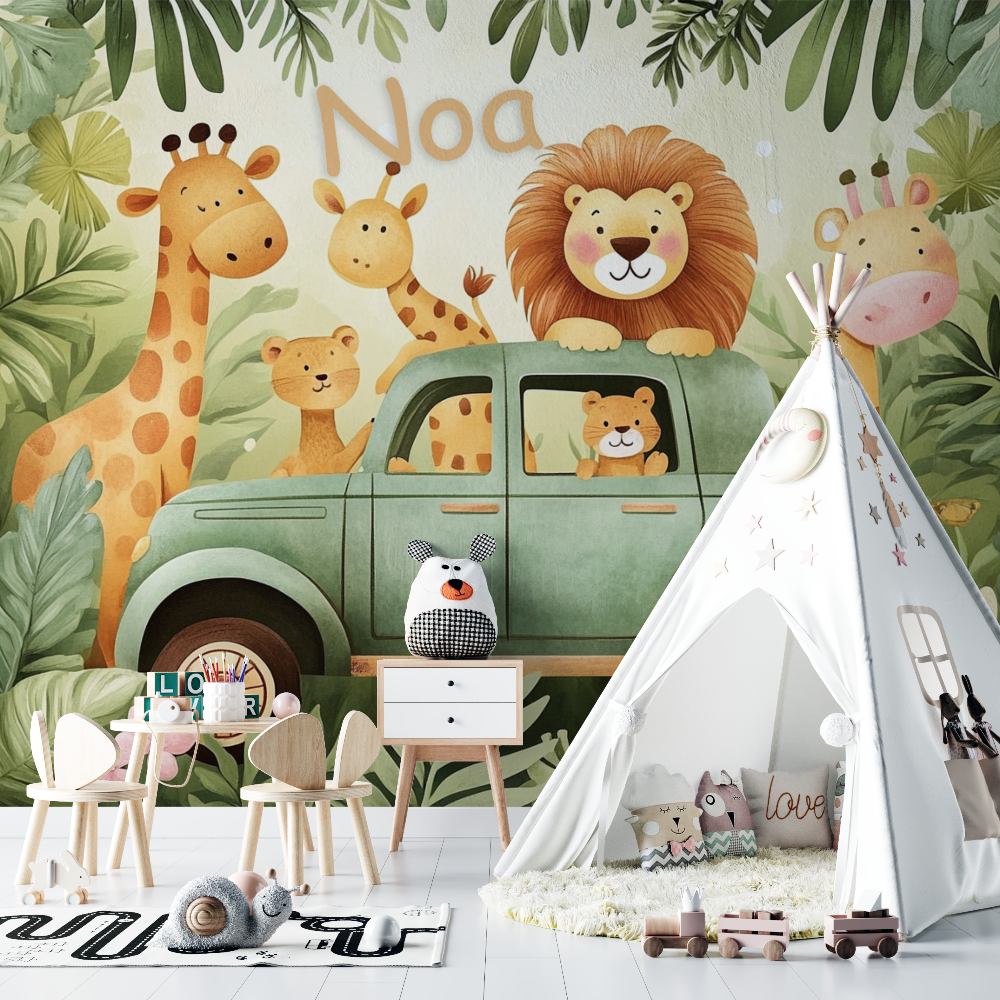 Safari Mural Wallpaper | Jungle Animals Adventure with Vintage Car