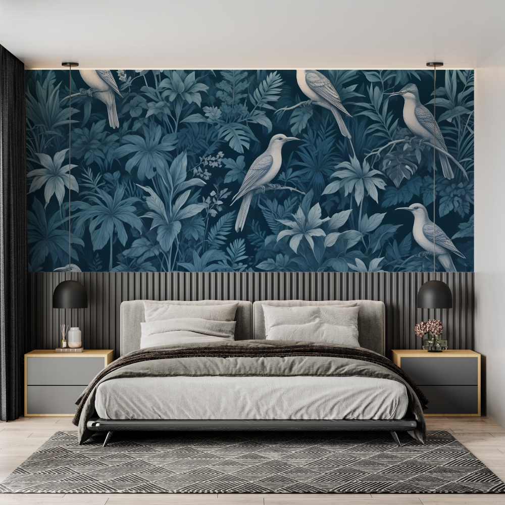 Tropical Birds Mural Wallpaper | Blue Jungle Paradise Design