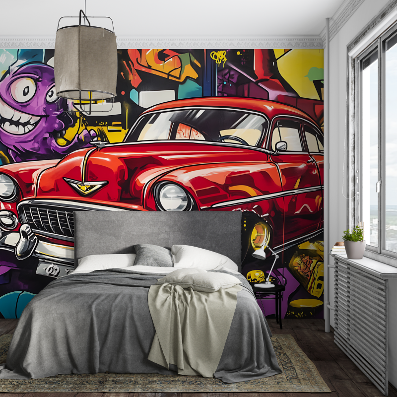 Street Art Mural Wallpaper | Vintage Car Graffiti Design