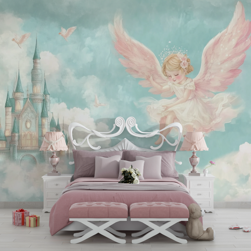 Fairy Castle Mural Wallpaper | Dreamy Angel and Pink Wings