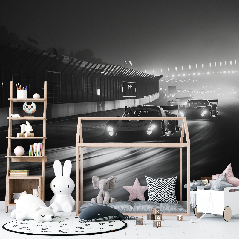Racing Car Mural Wallpaper | Black and White Dynamic Design