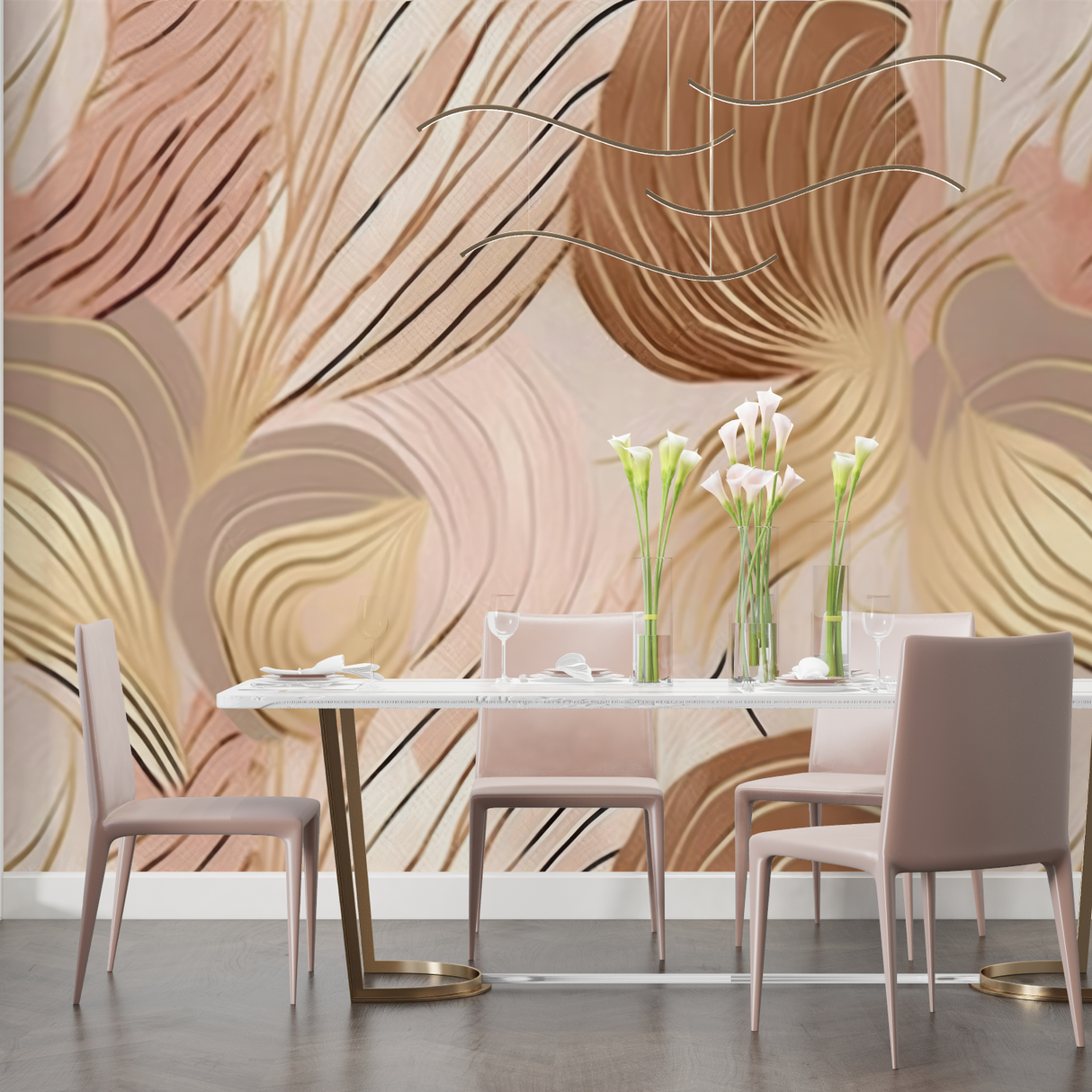 Abstract Mural Wallpaper | Golden Waves on Blush Pink