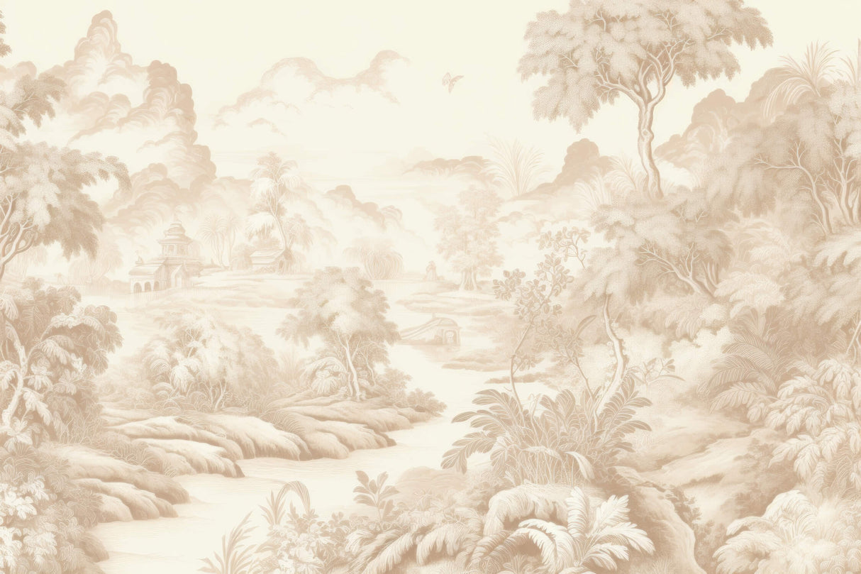 Vintage Mural Wallpaper | Beige Toile de Jouy Landscape