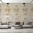 Egyptian 3D Ankh stone effect wallpaper creating depth in a modern living room with minimal furniture