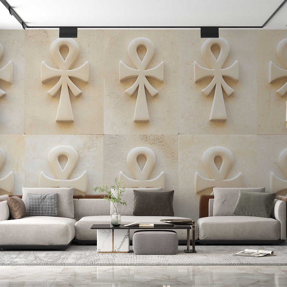 Egyptian 3D Ankh stone effect wallpaper creating depth in a modern living room with minimal furniture