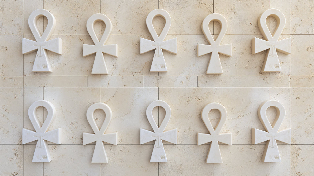 Egyptian 3D Ankh Symbol Pattern design file showing detailed white Ankh symbols on beige marble background