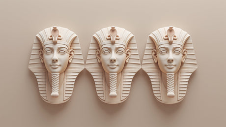 Egyptian wall mural with 3D pharaoh masks creating dramatic impact in a modern living room with neutral furniture